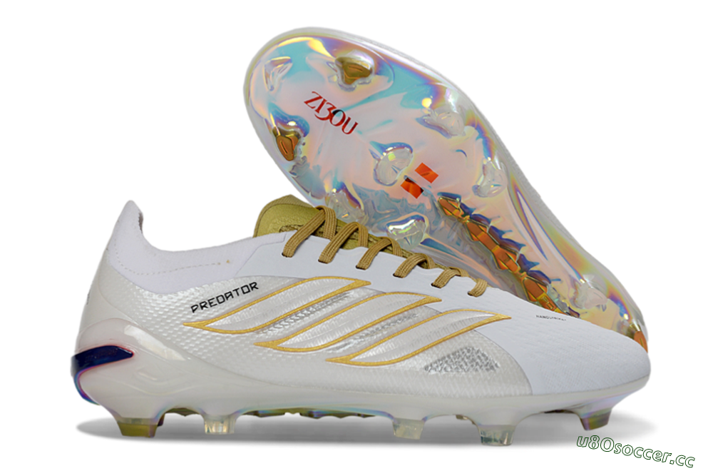 Unisex Adidas Predator 26 Elite FG Firm Ground Low-Tops Football Boots - White/Metallic Gold/Iridescent Neon 2