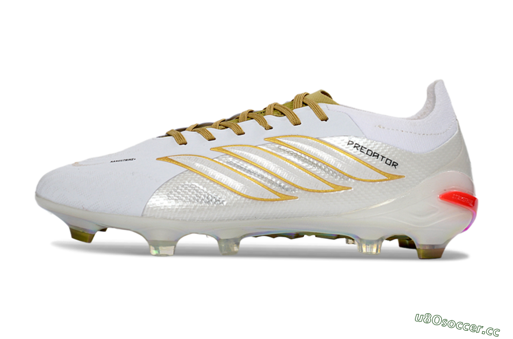 Unisex Adidas Predator 26 Elite FG Firm Ground Low-Tops Football Boots - White/Metallic Gold/Iridescent Neon 0