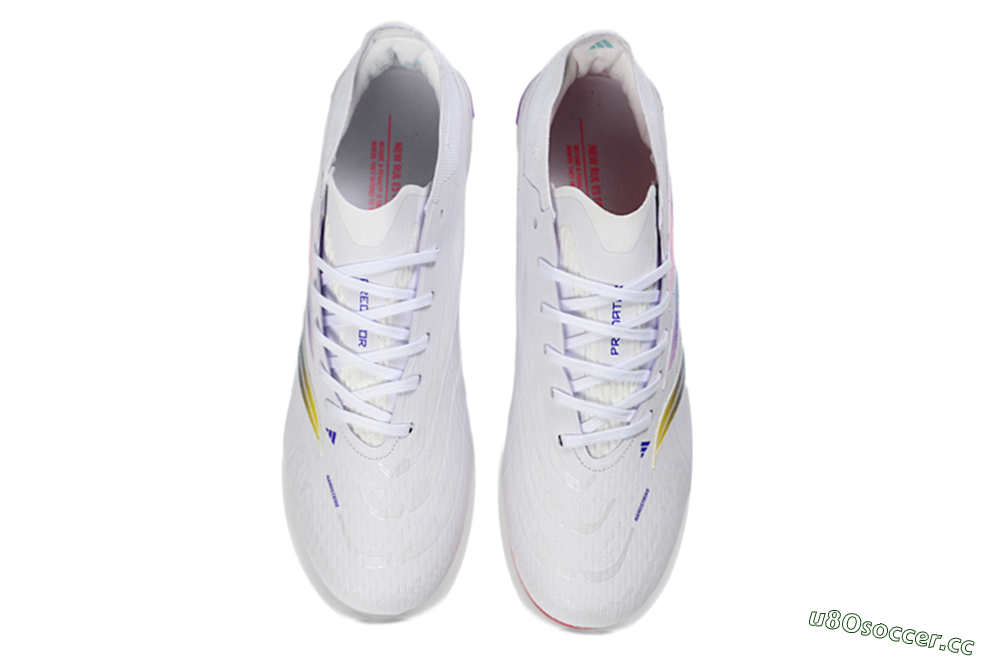 Unisex Adidas Predator 26 Elite FG Firm Ground Low-Tops Football Boots - White/Iridescent Pink/Iridescent Blue 4