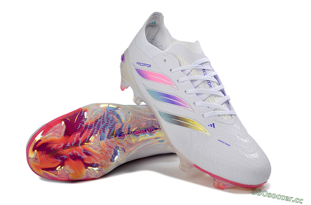 Unisex Adidas Predator 26 Elite FG Firm Ground Low-Tops Football Boots - White/Iridescent Pink/Iridescent Blue 3