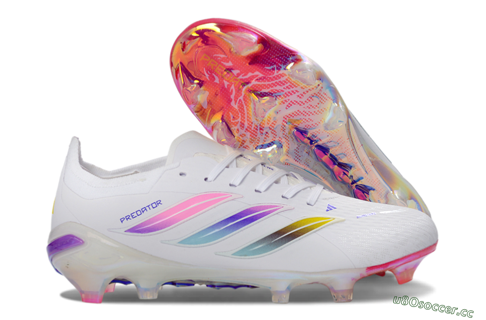 Unisex Adidas Predator 26 Elite FG Firm Ground Low-Tops Football Boots - White/Iridescent Pink/Iridescent Blue 2