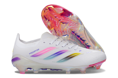 Unisex Adidas Predator 26 Elite FG Firm Ground Low-Tops Football Boots - White/Iridescent Pink/Iridescent Blue