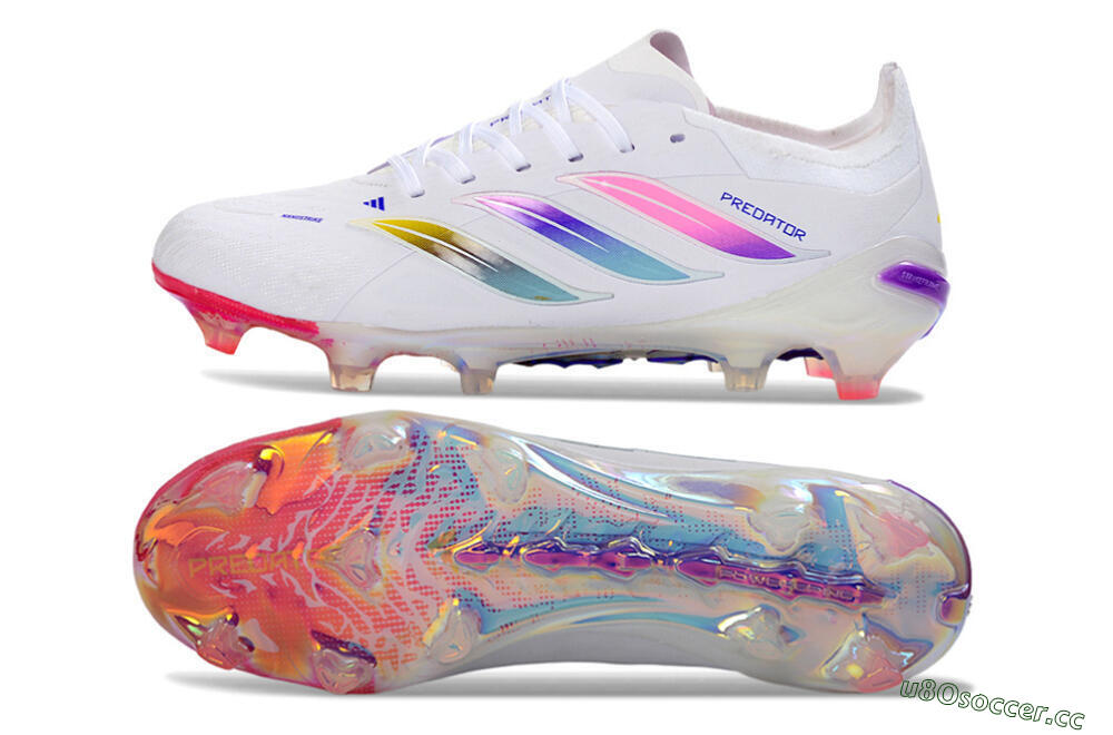 Unisex Adidas Predator 26 Elite FG Firm Ground Low-Tops Football Boots - White/Iridescent Pink/Iridescent Blue 1