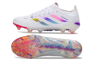 Unisex Adidas Predator 26 Elite FG Firm Ground Low-Tops Football Boots - White/Iridescent Pink/Iridescent Blue