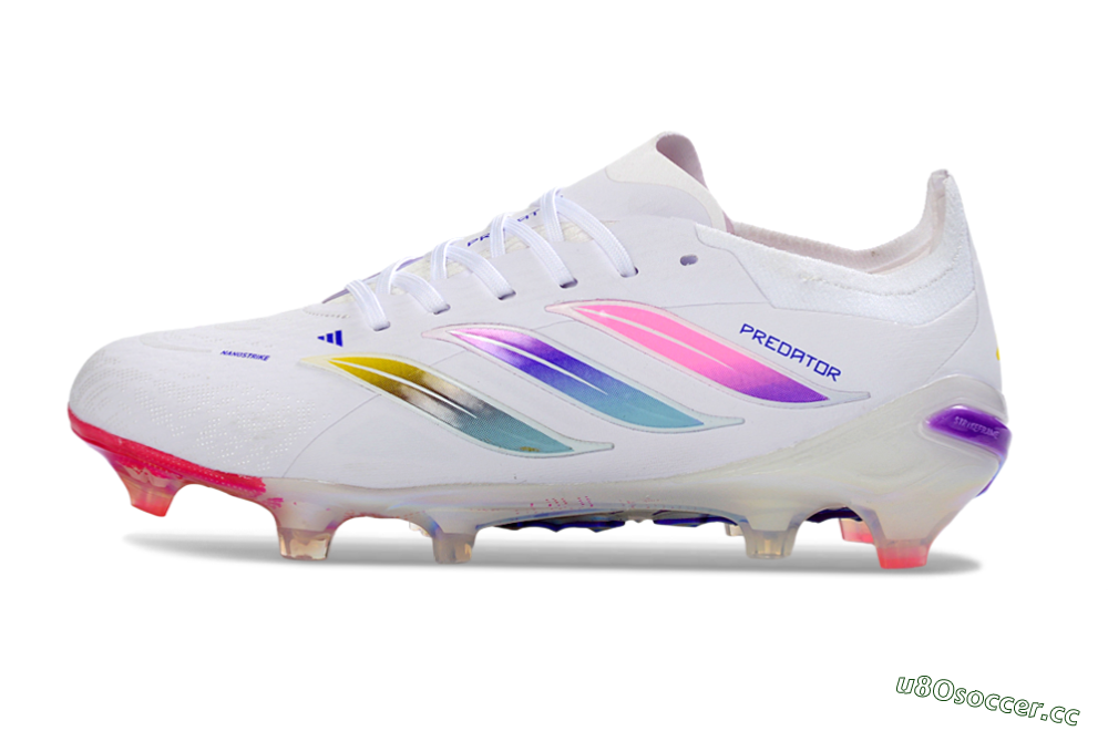 Unisex Adidas Predator 26 Elite FG Firm Ground Low-Tops Football Boots - White/Iridescent Pink/Iridescent Blue 0