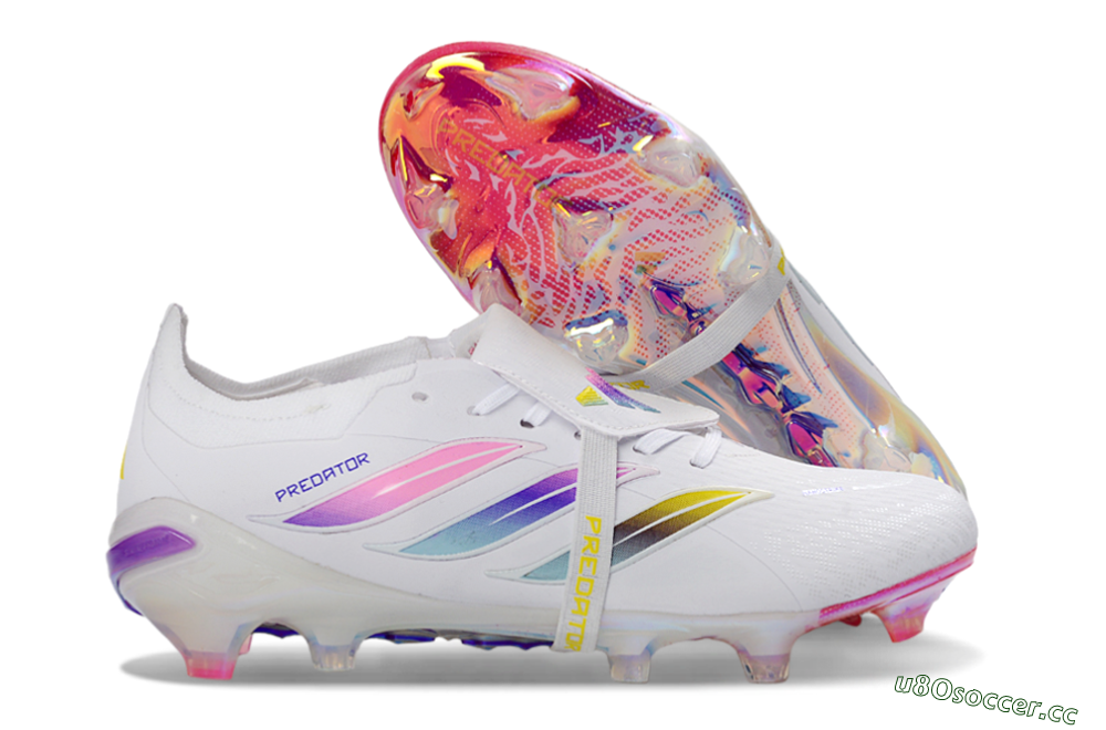 Unisex Adidas Predator 26 Elite Fold-Over Tongue FG Firm Ground Low-Tops Football Boots - White/Iridescent Fusion/Neon Bright 2