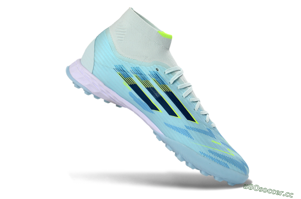 Men's Adidas F50 Elite Mid TF Artificial Turf High-Tops Football Shoes - Blue/Light Blue/Neon Yellow 4
