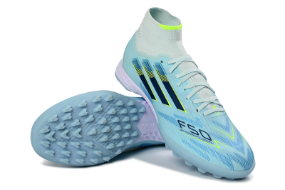 Men's Adidas F50 Elite Mid TF Artificial Turf High-Tops Football Shoes - Blue/Light Blue/Neon Yellow