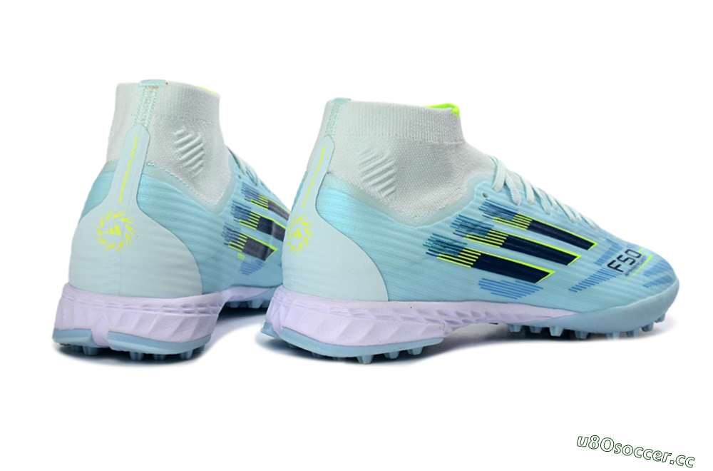 Men's Adidas F50 Elite Mid TF Artificial Turf High-Tops Football Shoes - Blue/Light Blue/Neon Yellow 6