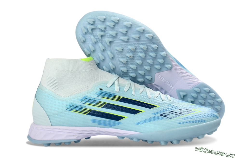 Men's Adidas F50 Elite Mid TF Artificial Turf High-Tops Football Shoes - Blue/Light Blue/Neon Yellow 2