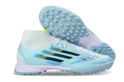 Men's Adidas F50 Elite Mid TF Artificial Turf High-Tops Football Shoes - Blue/Light Blue/Neon Yellow