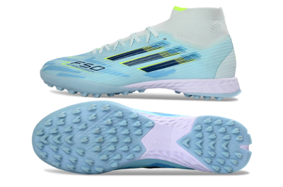 Men's Adidas F50 Elite Mid TF Artificial Turf High-Tops Football Shoes - Blue/Light Blue/Neon Yellow