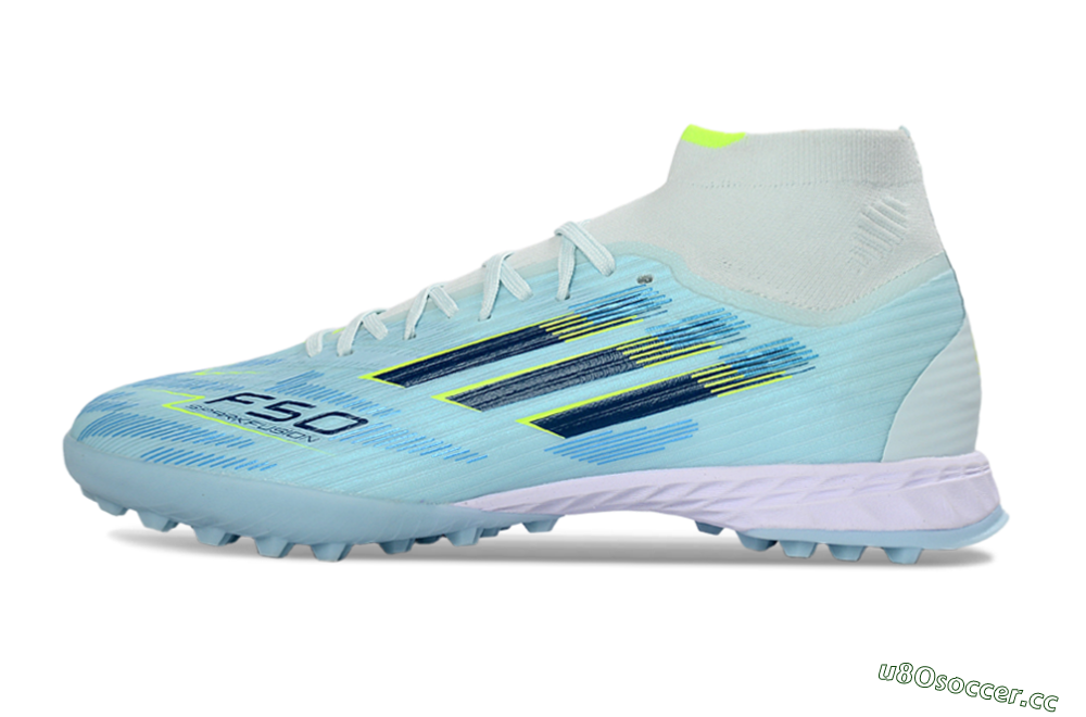 Men's Adidas F50 Elite Mid TF Artificial Turf High-Tops Football Shoes - Blue/Light Blue/Neon Yellow 0