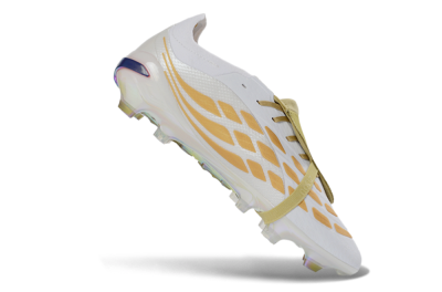 Unisex Adidas Predator 26 Elite Fold-Over Tongue FG Firm Ground Low-Tops Football Boots - White/Gold Reflective/Light Cream