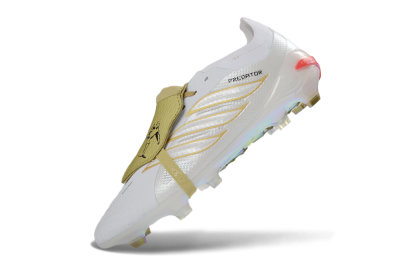 Unisex Adidas Predator 26 Elite Fold-Over Tongue FG Firm Ground Low-Tops Football Boots - White/Gold Reflective/Light Cream