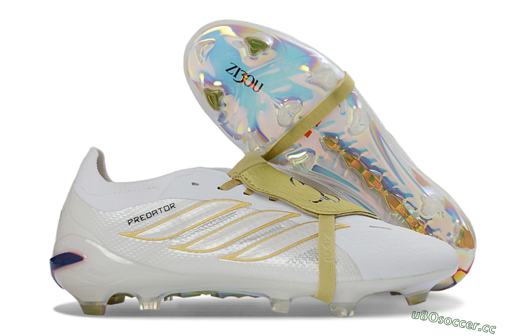 Unisex Adidas Predator 26 Elite Fold-Over Tongue FG Firm Ground Low-Tops Football Boots - White/Gold Reflective/Light Cream 2