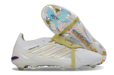 Unisex Adidas Predator 26 Elite Fold-Over Tongue FG Firm Ground Low-Tops Football Boots - White/Gold Reflective/Light Cream