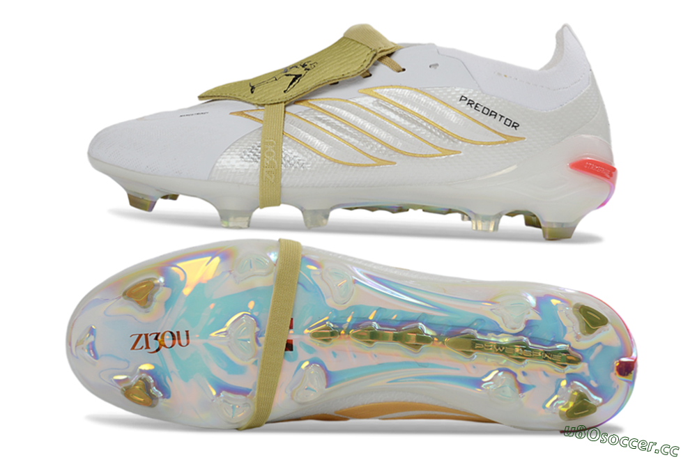 Unisex Adidas Predator 26 Elite Fold-Over Tongue FG Firm Ground Low-Tops Football Boots - White/Gold Reflective/Light Cream 1