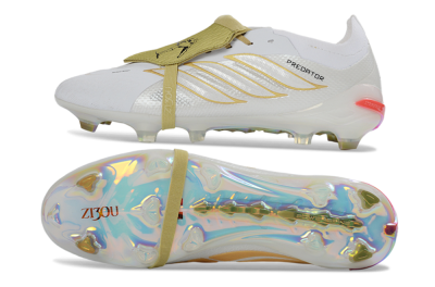 Unisex Adidas Predator 26 Elite Fold-Over Tongue FG Firm Ground Low-Tops Football Boots - White/Gold Reflective/Light Cream