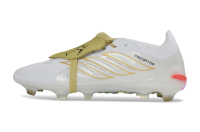 Unisex Adidas Predator 26 Elite Fold-Over Tongue FG Firm Ground Low-Tops Football Boots - White/Gold Reflective/Light Cream