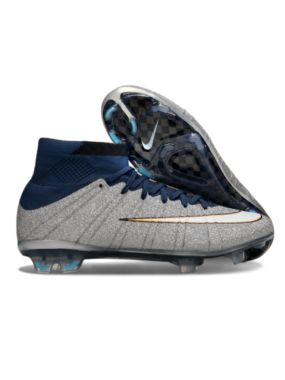 Men's Nike Zoom Mercurial Superfly 4 Elite FG Firm Ground High-Tops Football Boots - Gray/Navy Blue/Metallic Silver