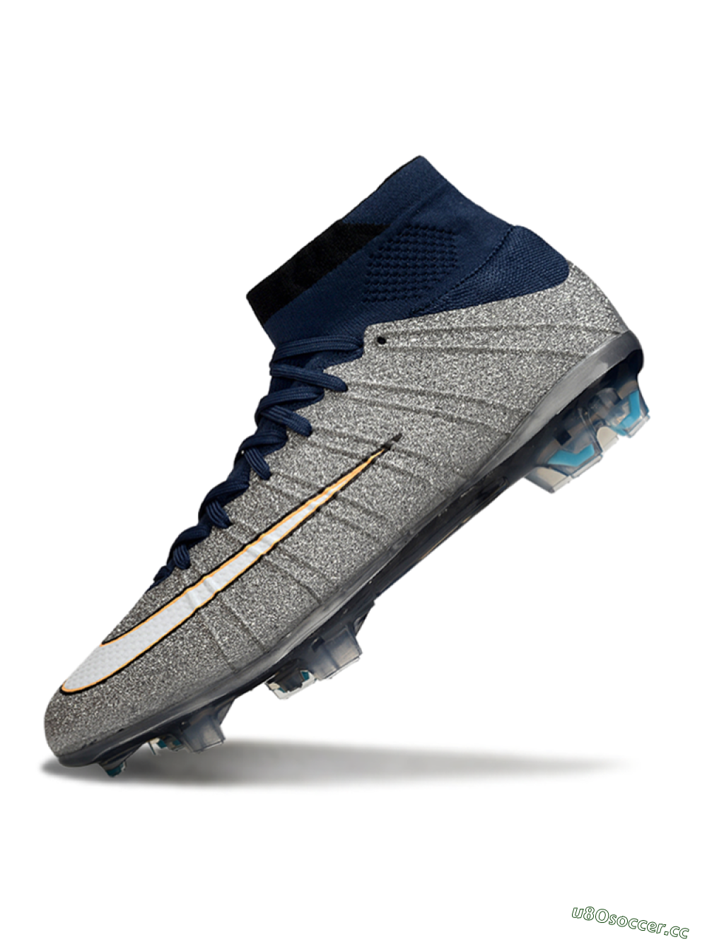 Men's Nike Zoom Mercurial Superfly 4 Elite FG Firm Ground High-Tops Football Boots - Gray/Navy Blue/Metallic Silver 5