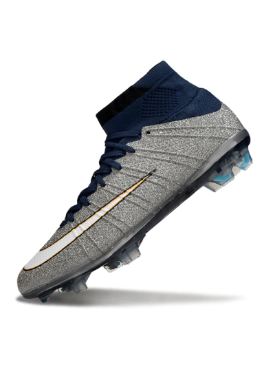 Men's Nike Zoom Mercurial Superfly 4 Elite FG Firm Ground High-Tops Football Boots - Gray/Navy Blue/Metallic Silver