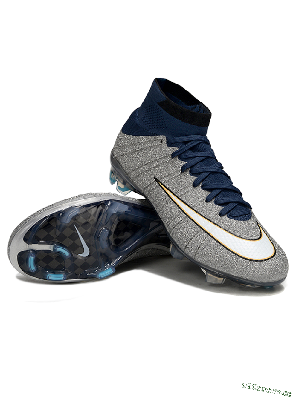 Men's Nike Zoom Mercurial Superfly 4 Elite FG Firm Ground High-Tops Football Boots - Gray/Navy Blue/Metallic Silver 3