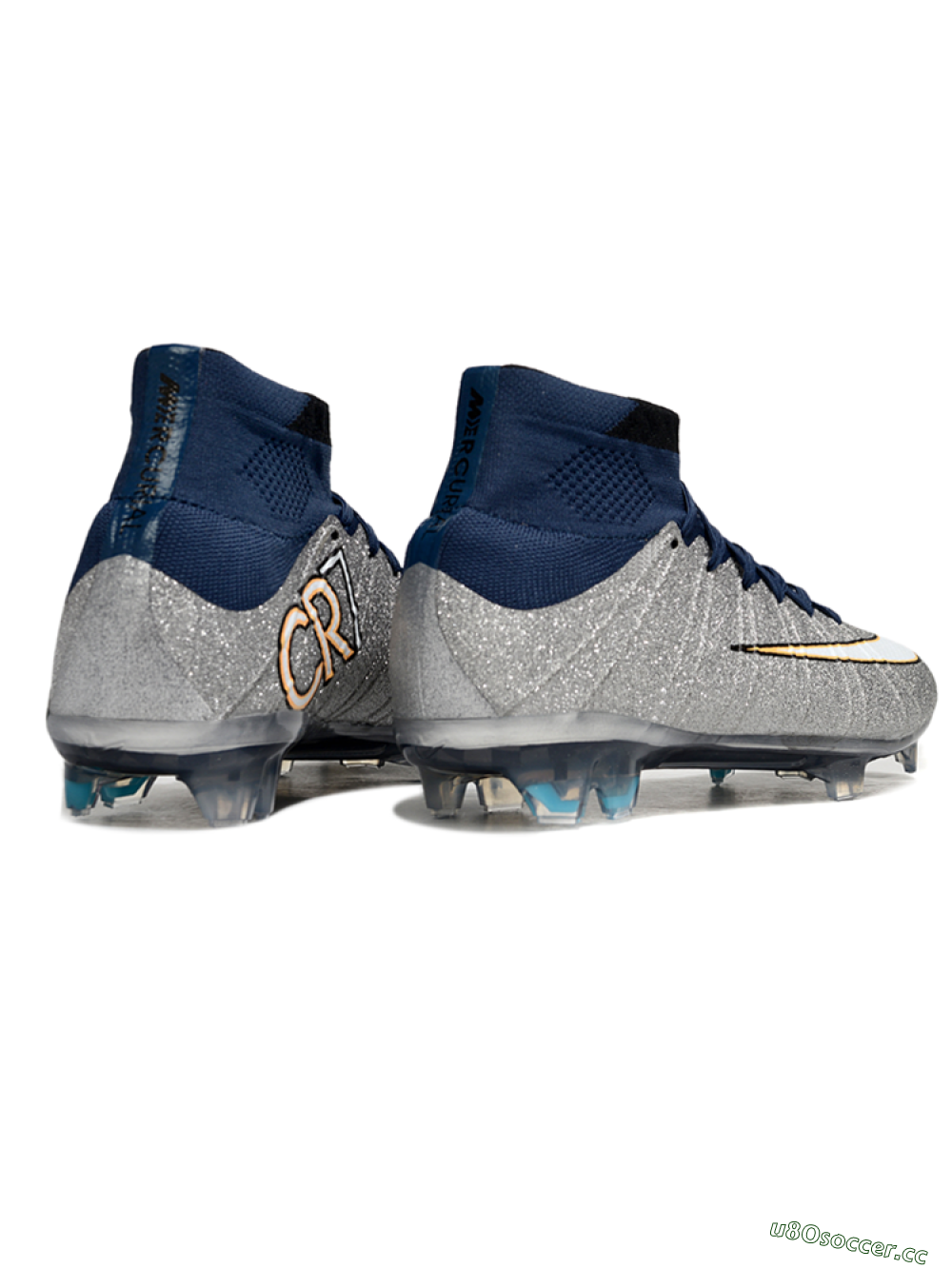 Men's Nike Zoom Mercurial Superfly 4 Elite FG Firm Ground High-Tops Football Boots - Gray/Navy Blue/Metallic Silver 6