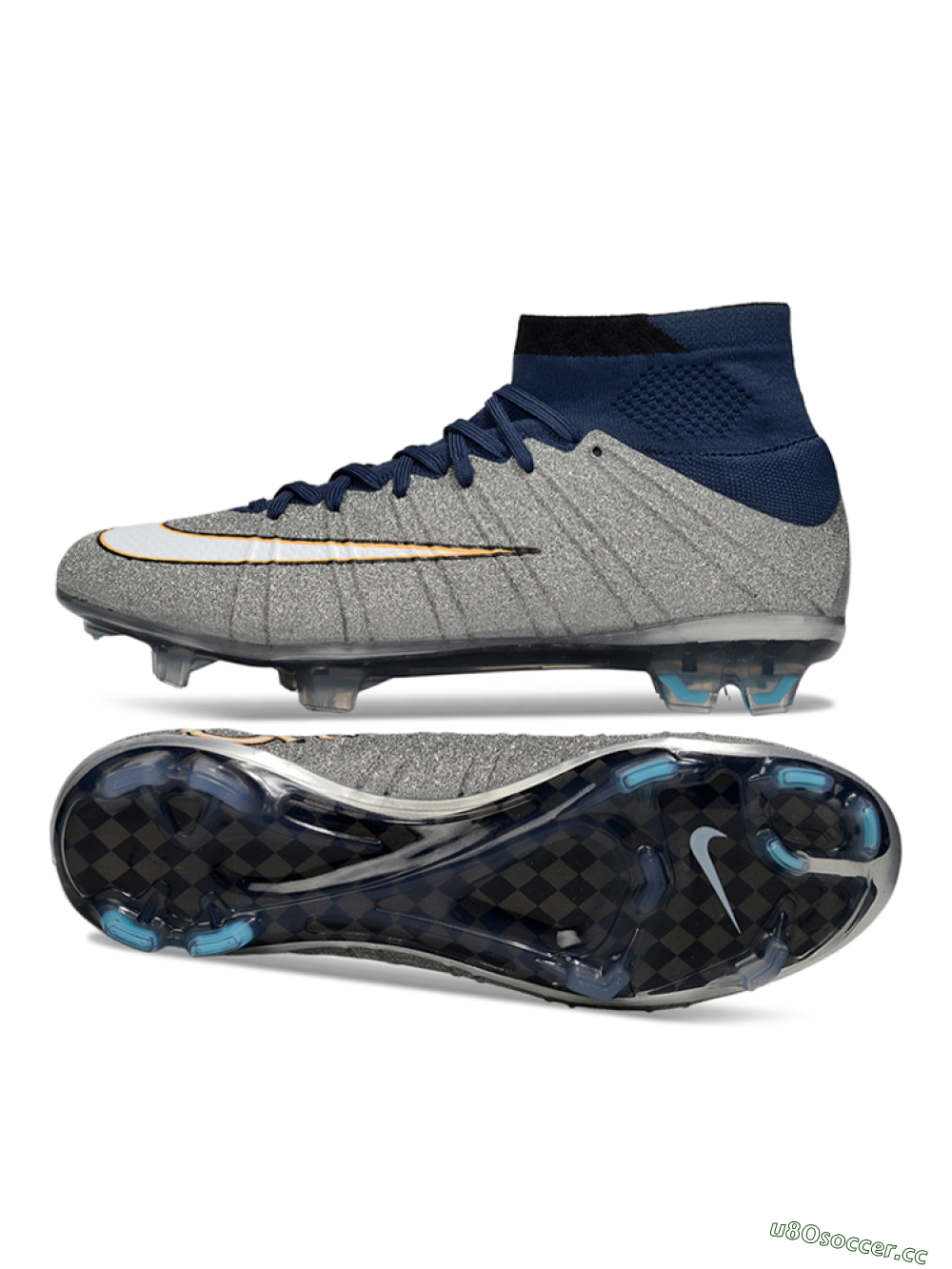 Men's Nike Zoom Mercurial Superfly 4 Elite FG Firm Ground High-Tops Football Boots - Gray/Navy Blue/Metallic Silver 1