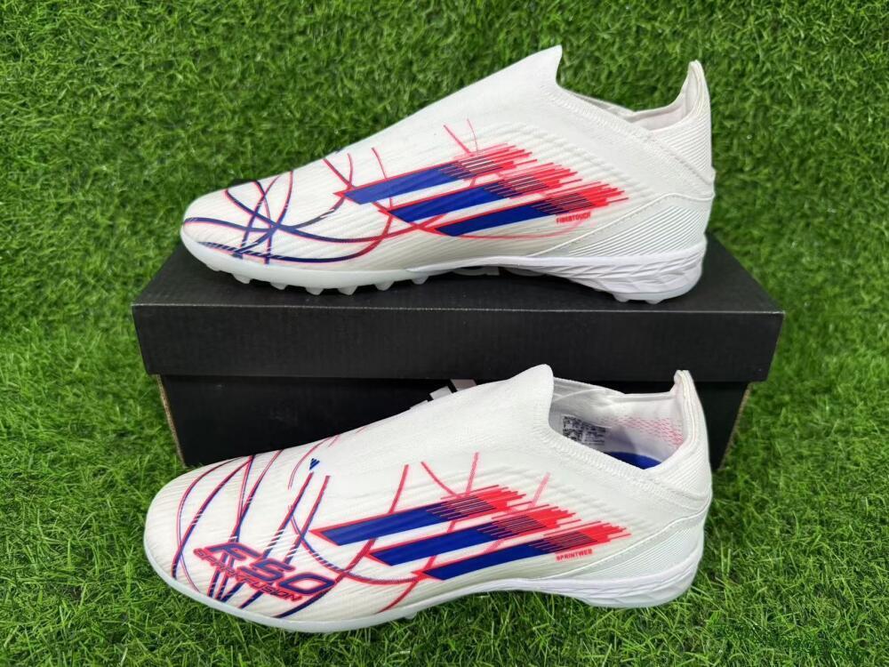 Unisex Adidas F50 Elite Laceless TF Artificial Turf Low-Tops Football Shoes - White/Electric Red/Navy Blue