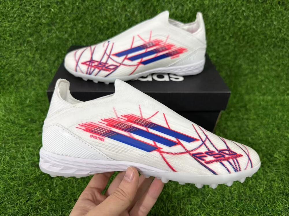 Unisex Adidas F50 Elite Laceless TF Artificial Turf Low-Tops Football Shoes - White/Electric Red/Navy Blue