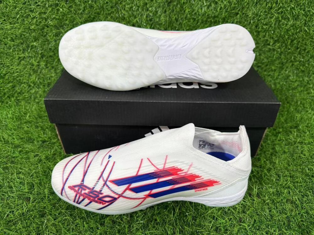 Unisex Adidas F50 Elite Laceless TF Artificial Turf Low-Tops Football Shoes - White/Electric Red/Navy Blue