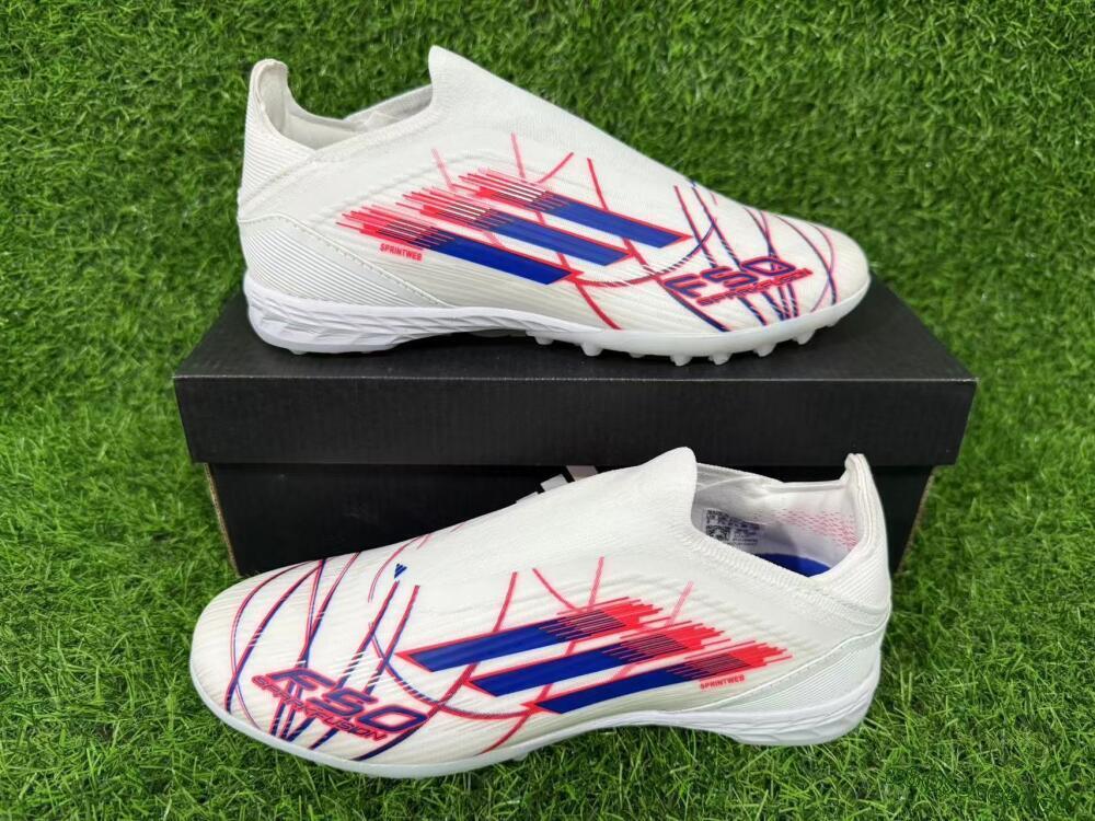 Unisex Adidas F50 Elite Laceless TF Artificial Turf Low-Tops Football Shoes - White/Electric Red/Navy Blue