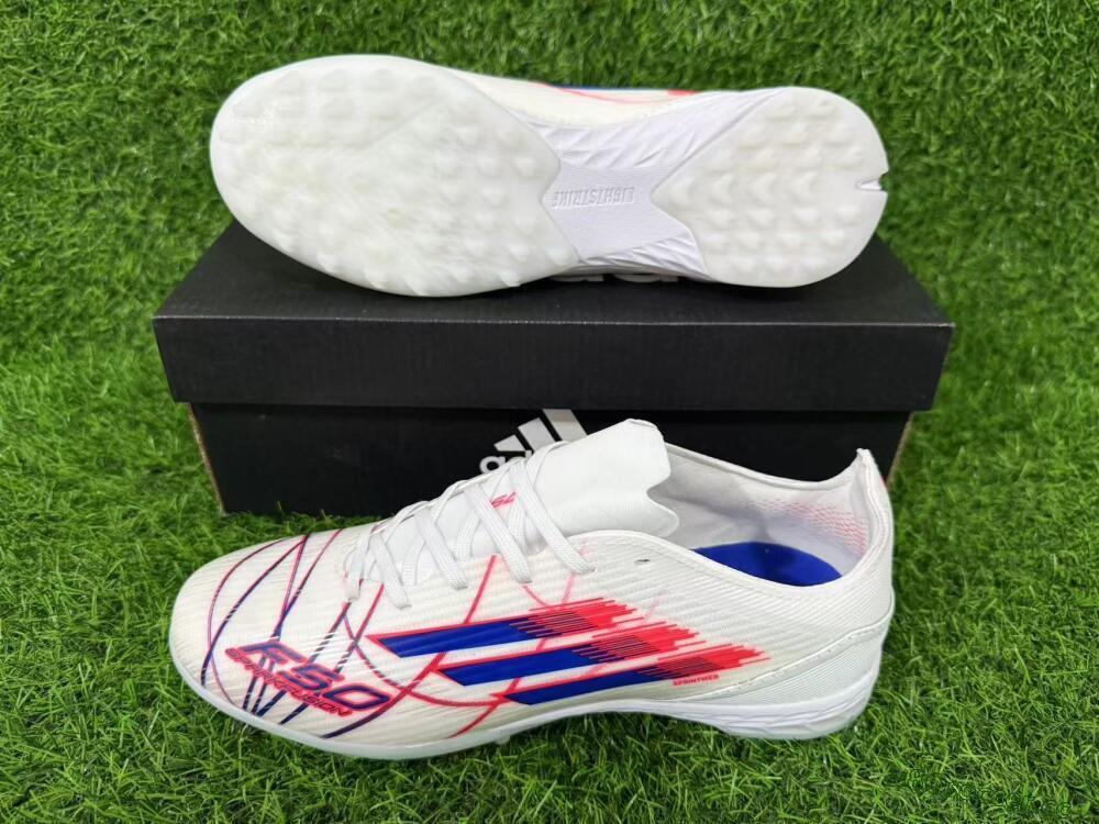 Unisex Adidas F50 Pro TF Artificial Turf Low-Tops Football Shoes - White/Electric Blue/Crimson Red