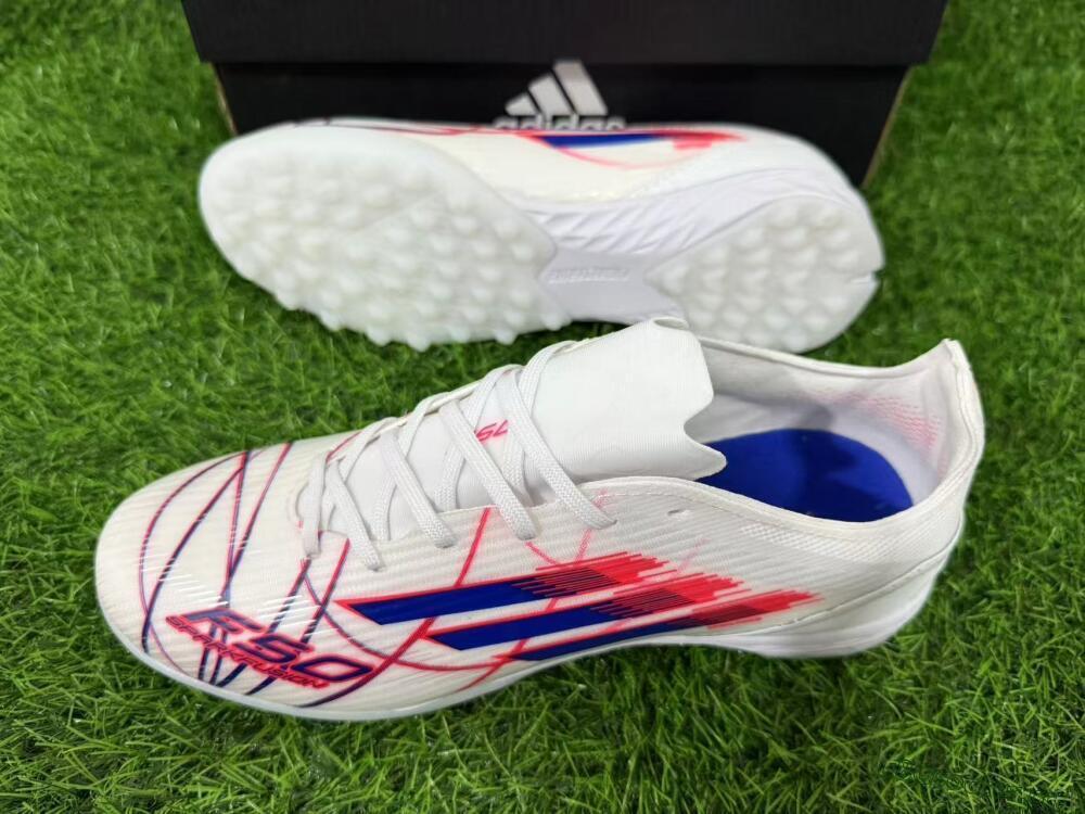 Unisex Adidas F50 Pro TF Artificial Turf Low-Tops Football Shoes - White/Electric Blue/Crimson Red