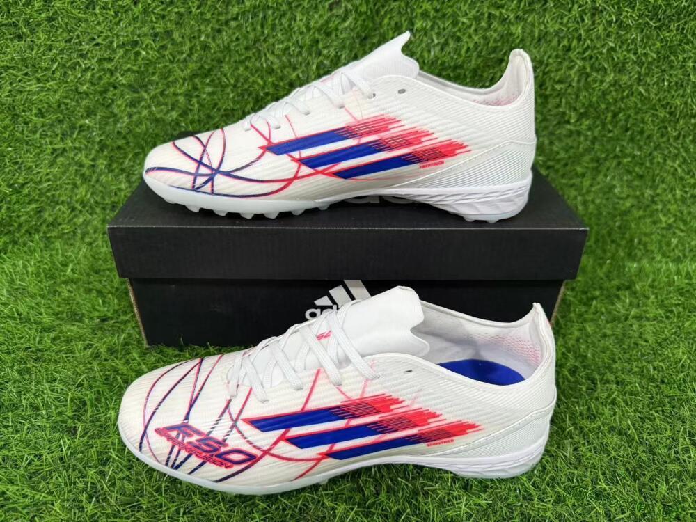 Unisex Adidas F50 Pro TF Artificial Turf Low-Tops Football Shoes - White/Electric Blue/Crimson Red