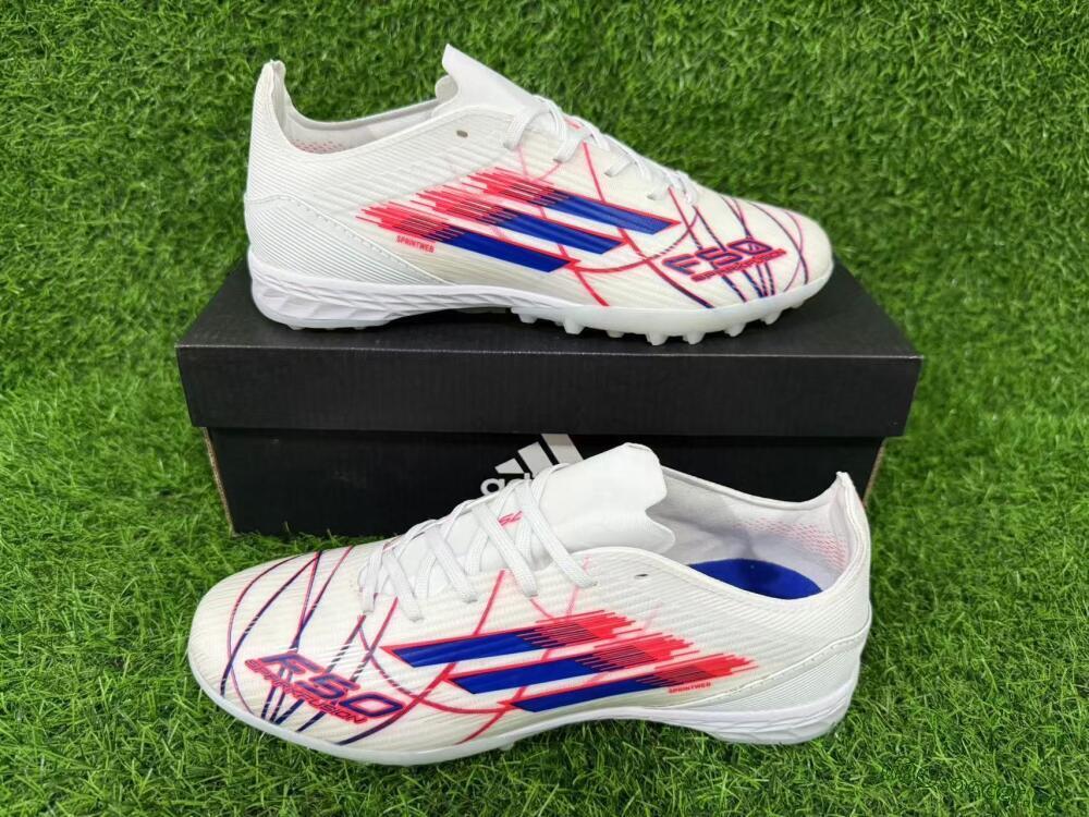 Unisex Adidas F50 Pro TF Artificial Turf Low-Tops Football Shoes - White/Electric Blue/Crimson Red