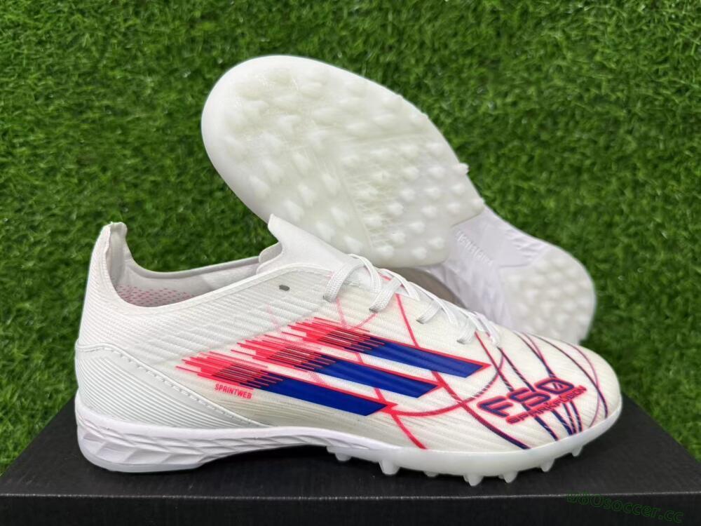 Unisex Adidas F50 Pro TF Artificial Turf Low-Tops Football Shoes - White/Electric Blue/Crimson Red