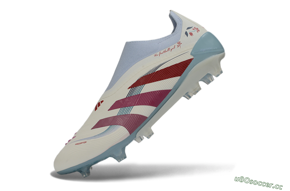 Unisex Adidas Predator 26 Elite Laceless FG Firm Ground Low-Tops Football Boots - White/Berry Blast/Sky Blue 5