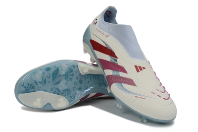 Unisex Adidas Predator 26 Elite Laceless FG Firm Ground Low-Tops Football Boots - White/Berry Blast/Sky Blue