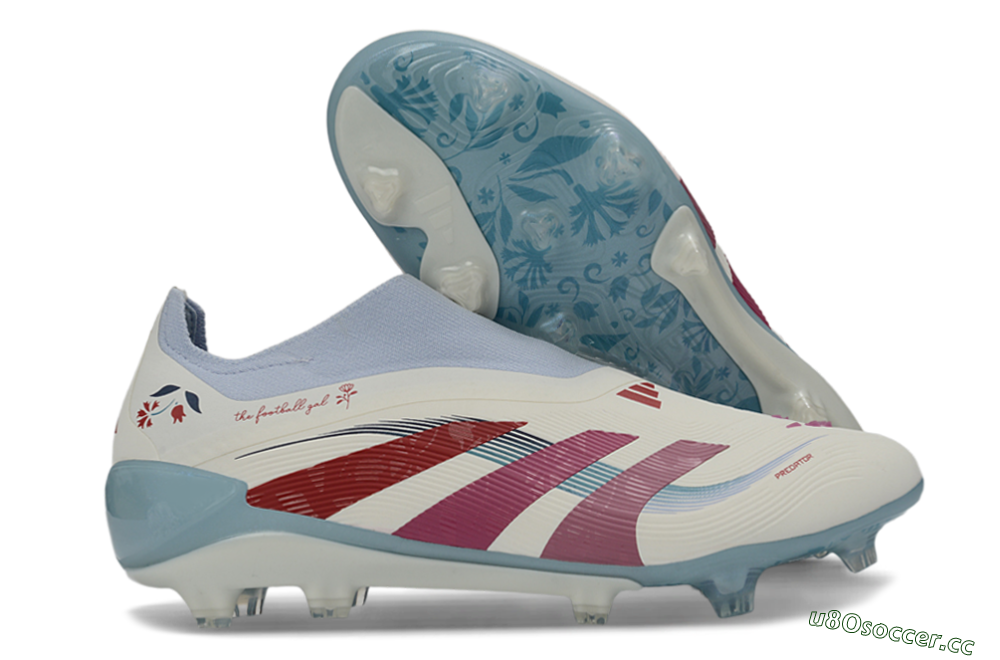 Unisex Adidas Predator 26 Elite Laceless FG Firm Ground Low-Tops Football Boots - White/Berry Blast/Sky Blue 2