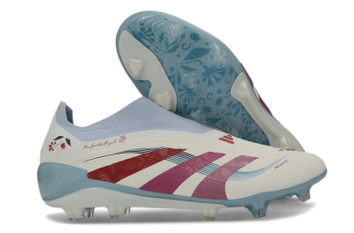 Unisex Adidas Predator 26 Elite Laceless FG Firm Ground Low-Tops Football Boots - White/Berry Blast/Sky Blue