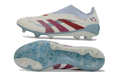 Unisex Adidas Predator 26 Elite Laceless FG Firm Ground Low-Tops Football Boots - White/Berry Blast/Sky Blue