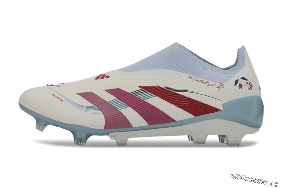 Unisex Adidas Predator 26 Elite Laceless FG Firm Ground Low-Tops Football Boots - White/Berry Blast/Sky Blue 0