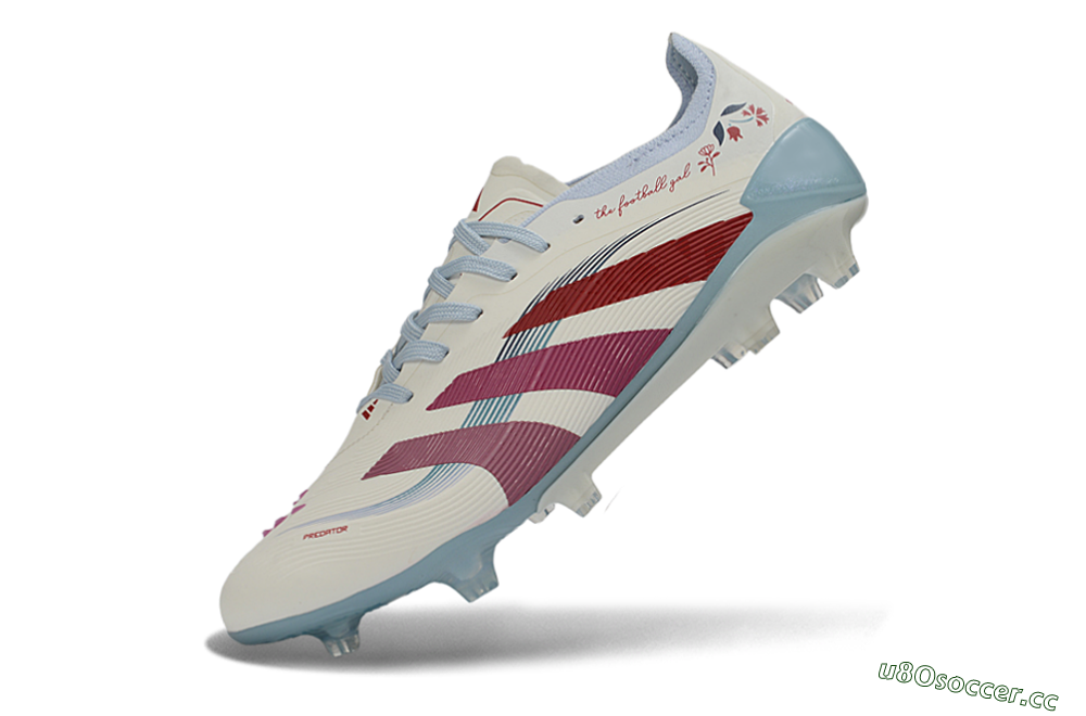 Unisex Adidas Predator 26 Elite FG Firm Ground Low-Tops Football Boots - White/Blush Pink/Light Blue 5