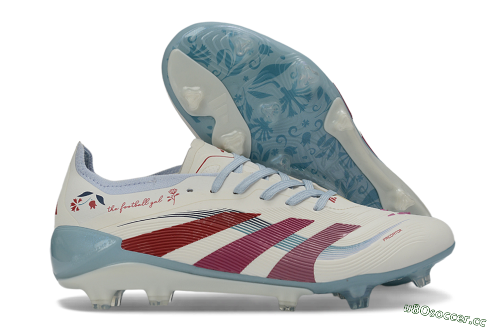 Unisex Adidas Predator 26 Elite FG Firm Ground Low-Tops Football Boots - White/Blush Pink/Light Blue 2