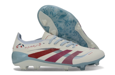 Unisex Adidas Predator 26 Elite FG Firm Ground Low-Tops Football Boots - White/Blush Pink/Light Blue