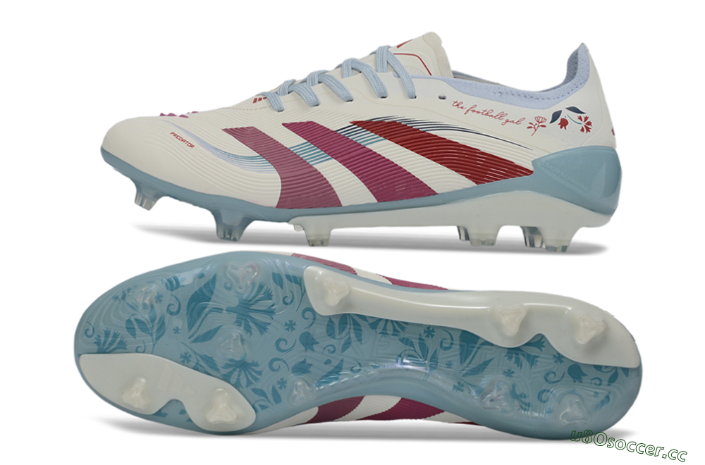 Unisex Adidas Predator 26 Elite FG Firm Ground Low-Tops Football Boots - White/Blush Pink/Light Blue 1