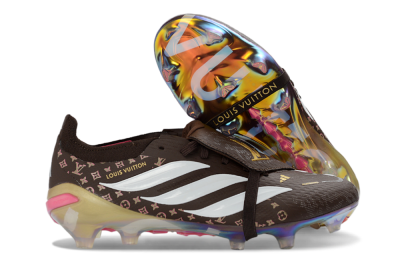 Unisex Adidas Predator 26 Elite Fold-Over Tongue FG Firm Ground Low-Tops Football Boots - Brown/Golden Pink/Rainbow